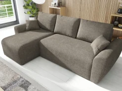 Narożniki></noscript>IZABELLA MEBLE Brązowy narożnik boucle z funkcją spania i pojemnikiem ROTTERDAM