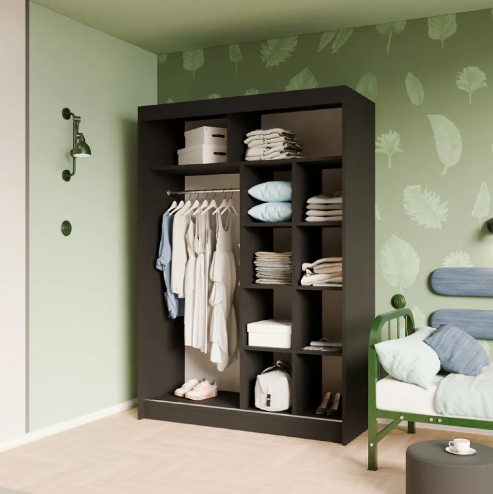 Zestawy Mebli Do Przedpokoju|Szafy Dwudrzwiowe>Arton Czarna frezowana szafa przesuwna do sypialni 150 cm ROYAL czarny