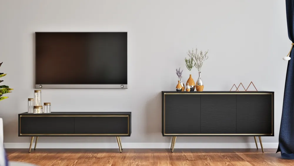 Szafki Rtv|Komody>GiB Meble Czarna komoda 150 cm na nóżkach w stylu glamour TALUS