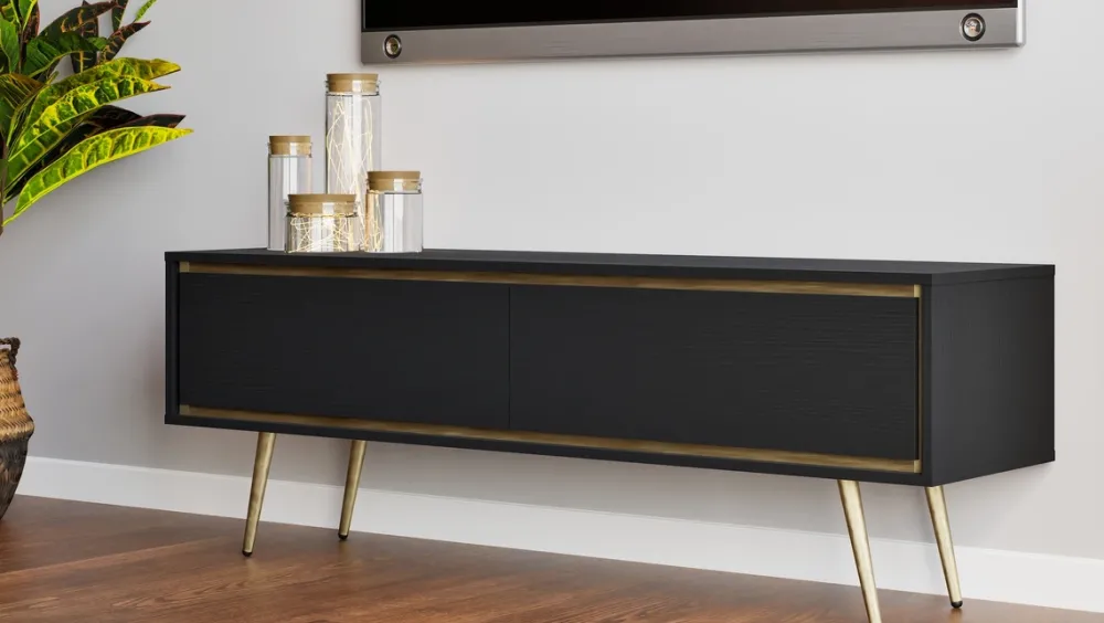 Szafki Rtv|Komody>GiB Meble Czarna komoda 150 cm na nóżkach w stylu glamour TALUS