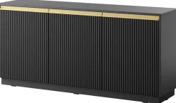 Zestawy Mebli Do Salonu|Komody>PIASKI Czarna komoda trzydrzwiowa 154 cm RAVO ryflowany front czarny