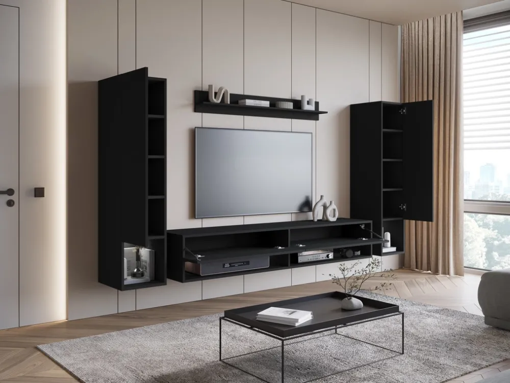 Meblościanki>BRATEX Czarna meblościanka do salonu nowoczesna pod telewizor MADERA czarny grafit