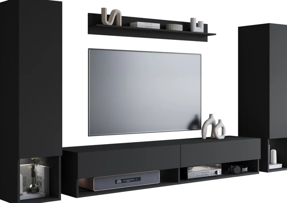 Meblościanki>BRATEX Czarna meblościanka do salonu nowoczesna pod telewizor MADERA czarny grafit