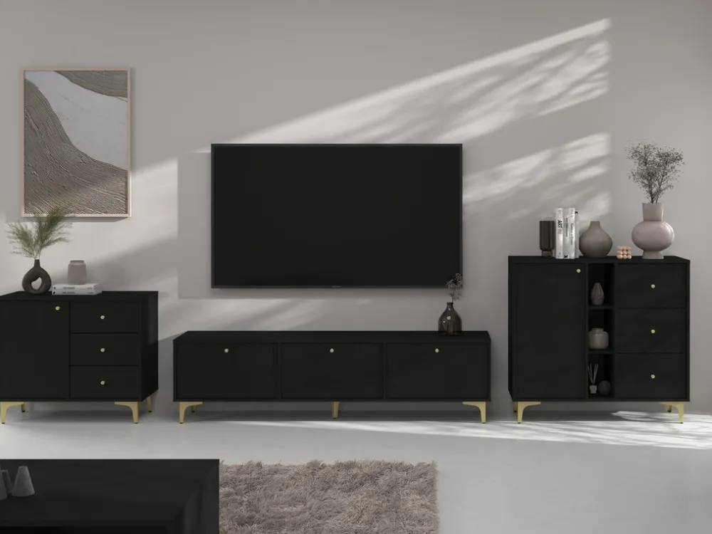 Zestawy Mebli Do Salonu|Meblościanki>Lempert Czarna meblościanka pod telewizor do salonu RTV TOKEN czarny grafit