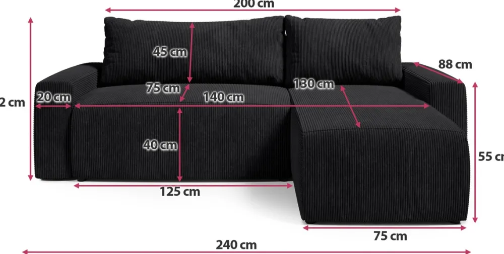 Meble Dla Dzieci|Meble Młodzieżowe>BROMARKT Czarna narożna kanapa sztruksowa z funkcją spania PLUSH L