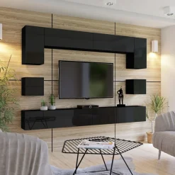 Zestawy Mebli Do Salonu|Meblościanki>BROMARKT Czarna nowoczesna meblościanka do salonu PREMIUM połysk czarny