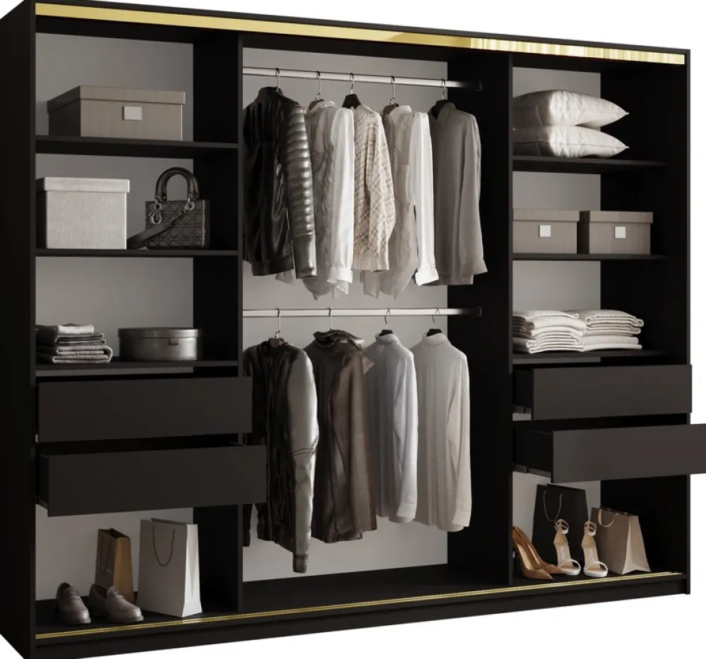 Szafy Do Przedpokoju|Szafy Do Salonu>BROMARKT Czarna nowoczesna szafa przesuwna z lustrem 250 cm GOLD NEW czarny
