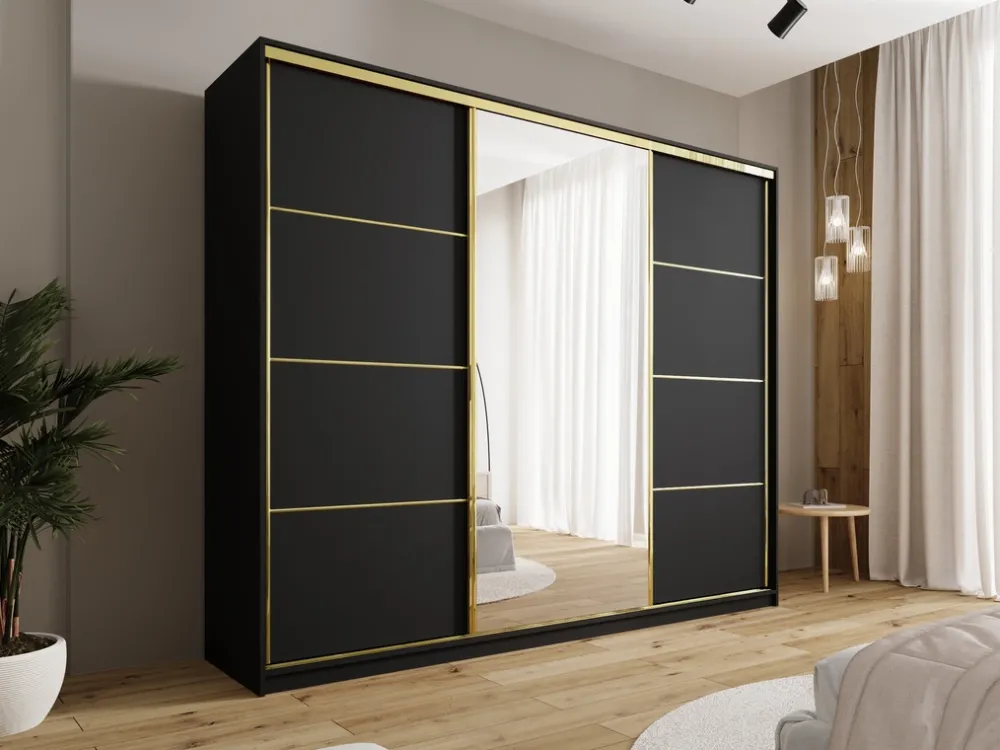 Szafy Do Przedpokoju|Szafy Do Salonu>BROMARKT Czarna nowoczesna szafa przesuwna z lustrem 250 cm GOLD NEW czarny