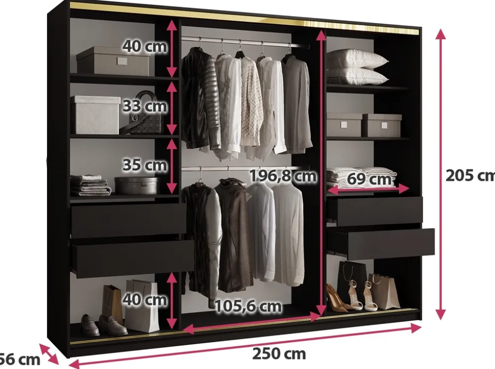 Szafy Do Przedpokoju|Szafy Do Salonu>BROMARKT Czarna nowoczesna szafa przesuwna z lustrem 250 cm GOLD NEW czarny
