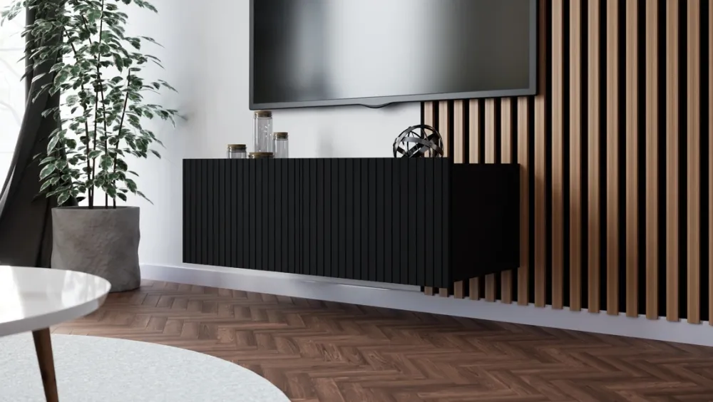 Szafki Rtv>GiB Meble Czarna nowoczesna szafka RTV 100 cm z ryflowanymi frontami KORDIS czarny