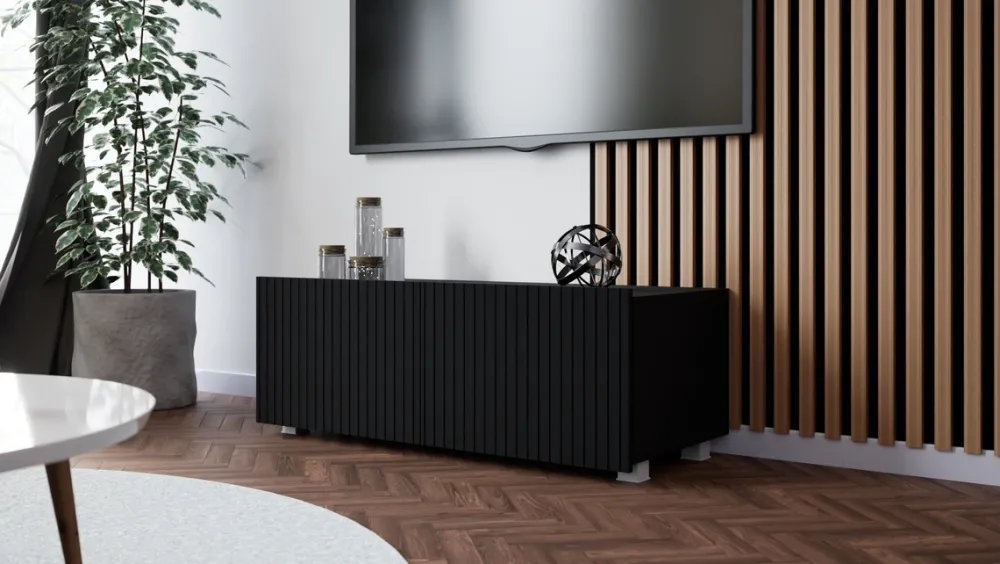 Szafki Rtv>GiB Meble Czarna nowoczesna szafka RTV 100 cm z ryflowanymi frontami KORDIS czarny