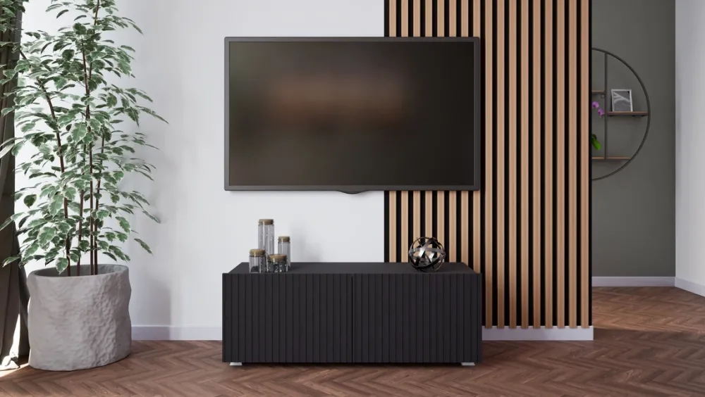 Szafki Rtv>GiB Meble Czarna nowoczesna szafka RTV 100 cm z ryflowanymi frontami KORDIS czarny