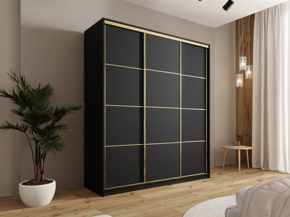 Szafy Przesuwne|Szafy Trzydrzwiowe>BROMARKT Czarna szafa do sypialni z szufladami 180 cm GOLD NEW czarny