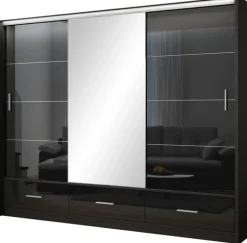 Zestawy Mebli Do Przedpokoju|Szafy Trzydrzwiowe>Stolar Czarna szafa przesuwna 250 cm z lustrem i półkami MESTRE połysk czarny