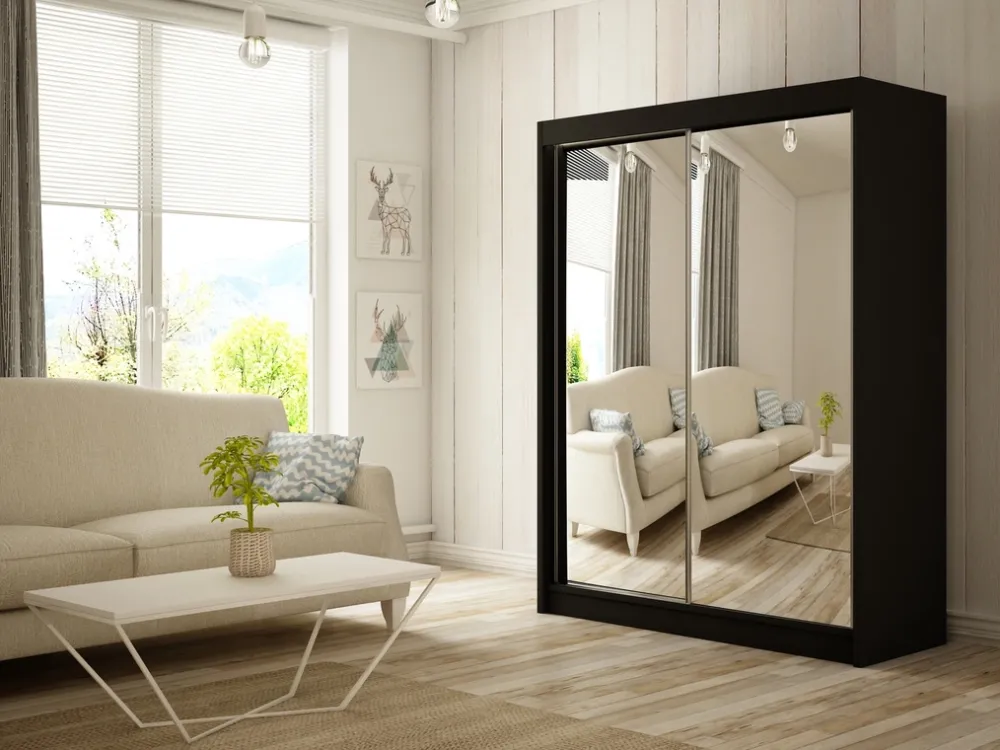 Szafy Przesuwne|Zestawy Mebli Do Przedpokoju>Arton Czarna szafa przesuwna z lustrem i półkami 150 cm HALTON czarny