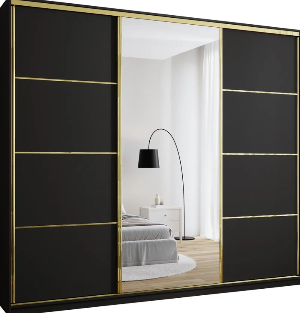 Zestawy Mebli Do Przedpokoju|Szafy Trzydrzwiowe>BROMARKT Czarna szafa przesuwna z lustrem 280 cm GOLD NEW MAX czarny