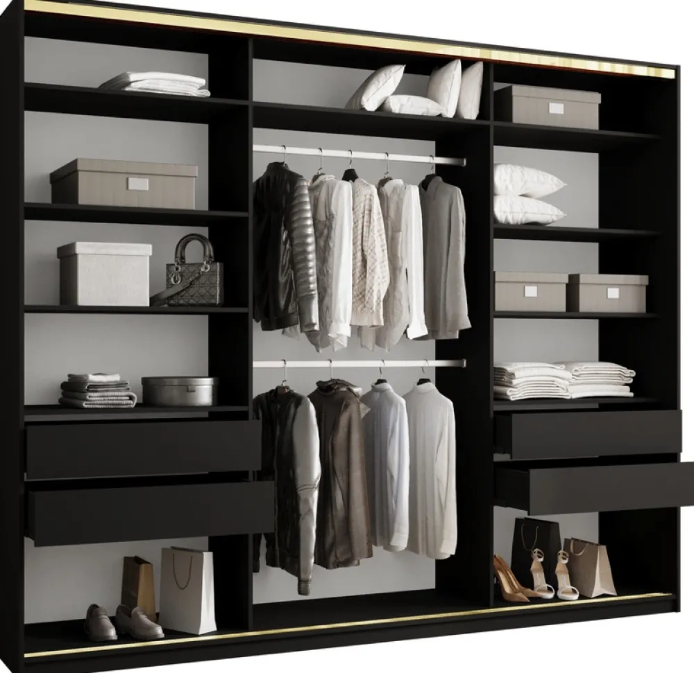 Zestawy Mebli Do Przedpokoju|Szafy Trzydrzwiowe>BROMARKT Czarna szafa przesuwna z lustrem 280 cm GOLD NEW MAX czarny