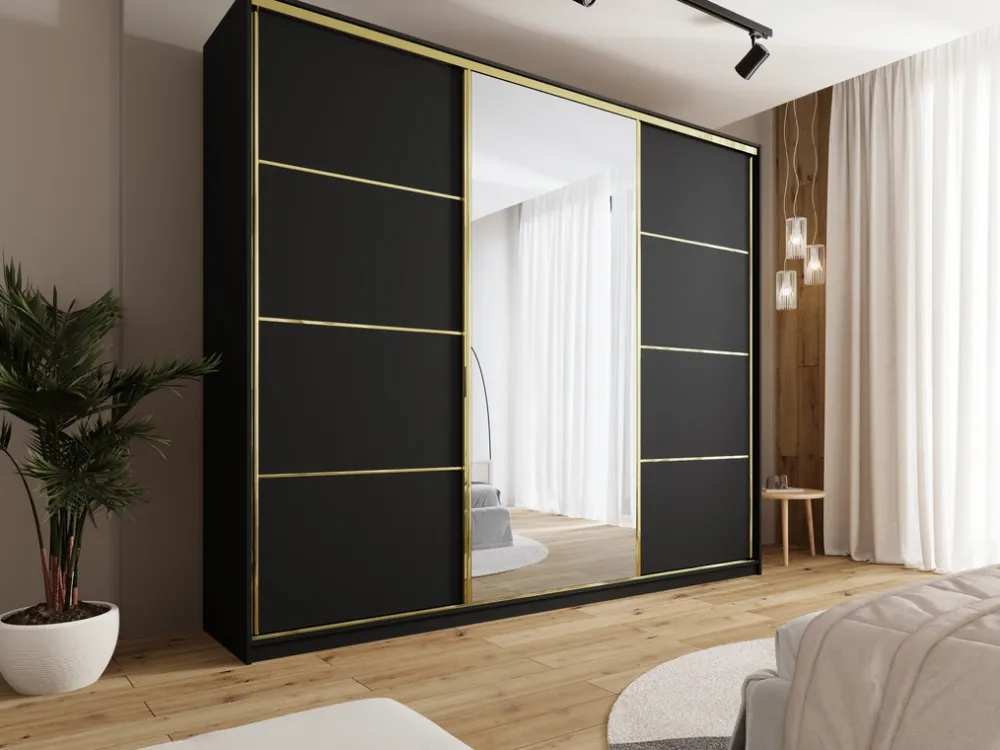 Zestawy Mebli Do Przedpokoju|Szafy Trzydrzwiowe>BROMARKT Czarna szafa przesuwna z lustrem 280 cm GOLD NEW MAX czarny