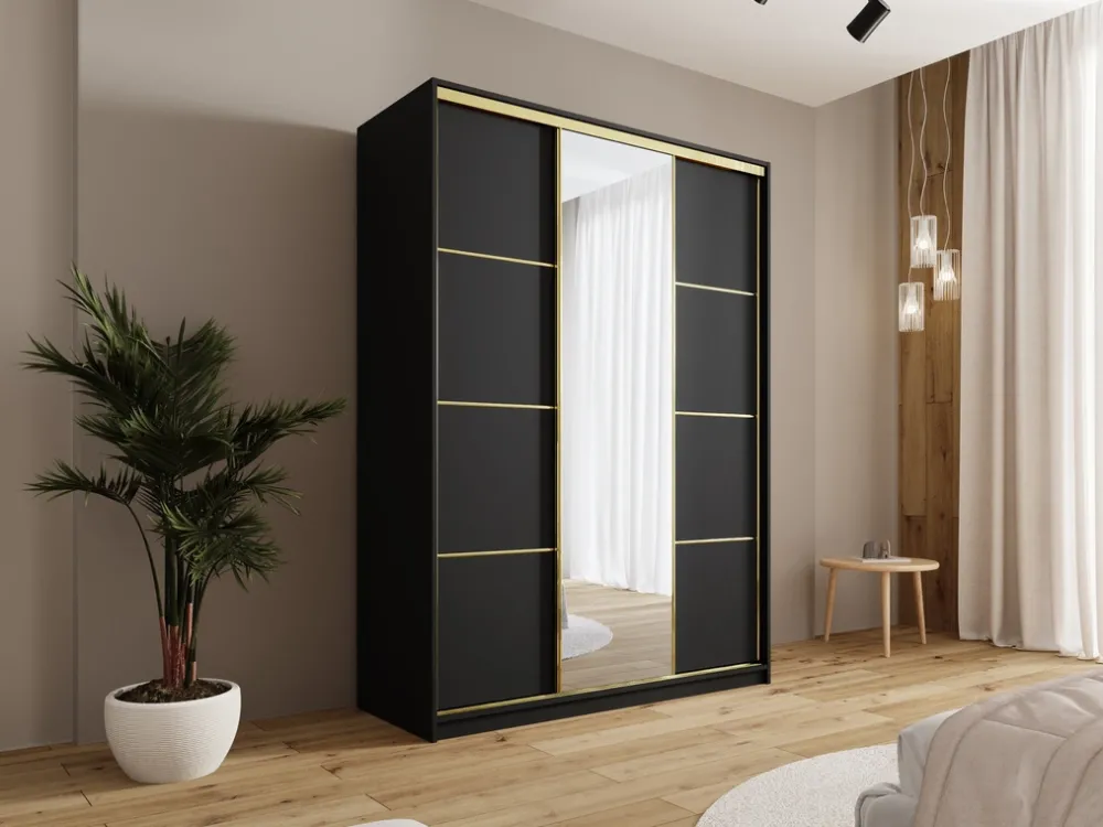 Zestawy Mebli Do Przedpokoju|Szafy Trzydrzwiowe>BROMARKT Czarna szafa przesuwna z lustrem 150 cm GOLD NEW czarny