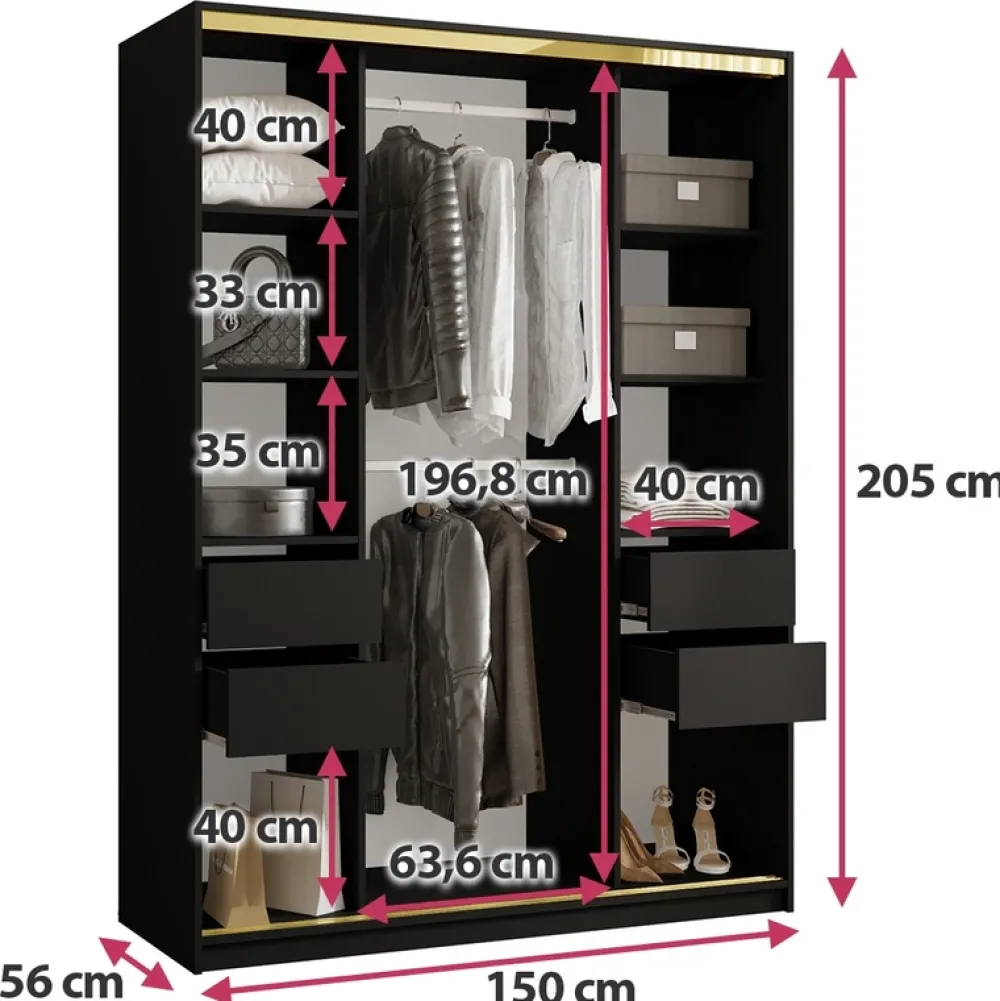 Zestawy Mebli Do Przedpokoju|Szafy Trzydrzwiowe>BROMARKT Czarna szafa przesuwna z lustrem 150 cm GOLD NEW czarny