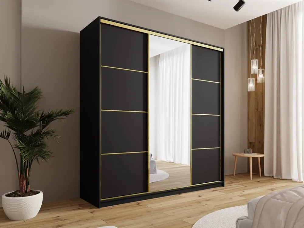 Zestawy Mebli Do Przedpokoju|Szafy Trzydrzwiowe>BROMARKT Czarna szafa przesuwna z lustrem 200 cm GOLD NEW czarny