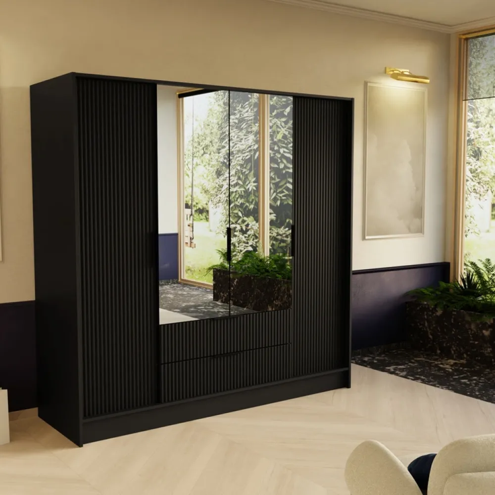 Szafy Otwierane|Szafy Z Lustrem>Arton Czarna szafa uchylna 200 cm do sypialni z półkami NEXUS czarny