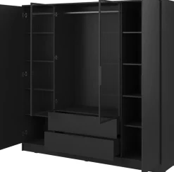 Szafy Młodzieżowe|Szafy Otwierane>PIASKI Czarna szafa uchylna z witryną 206 cm do sypialni KAMIS czarny