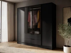 Szafy Młodzieżowe|Szafy Otwierane></noscript>PIASKI Czarna szafa uchylna z witryną 206 cm do sypialni KAMIS czarny