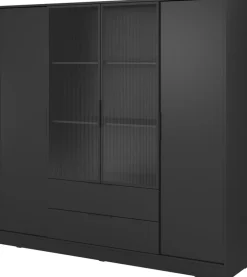 Szafy Młodzieżowe|Szafy Otwierane></noscript>PIASKI Czarna szafa uchylna z witryną 206 cm do sypialni KAMIS czarny