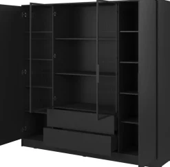 Szafy Młodzieżowe|Szafy Otwierane></noscript>PIASKI Czarna szafa uchylna z witryną 206 cm do sypialni KAMIS czarny