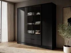 Szafy Młodzieżowe|Szafy Otwierane></noscript>PIASKI Czarna szafa uchylna z witryną 206 cm do sypialni KAMIS czarny