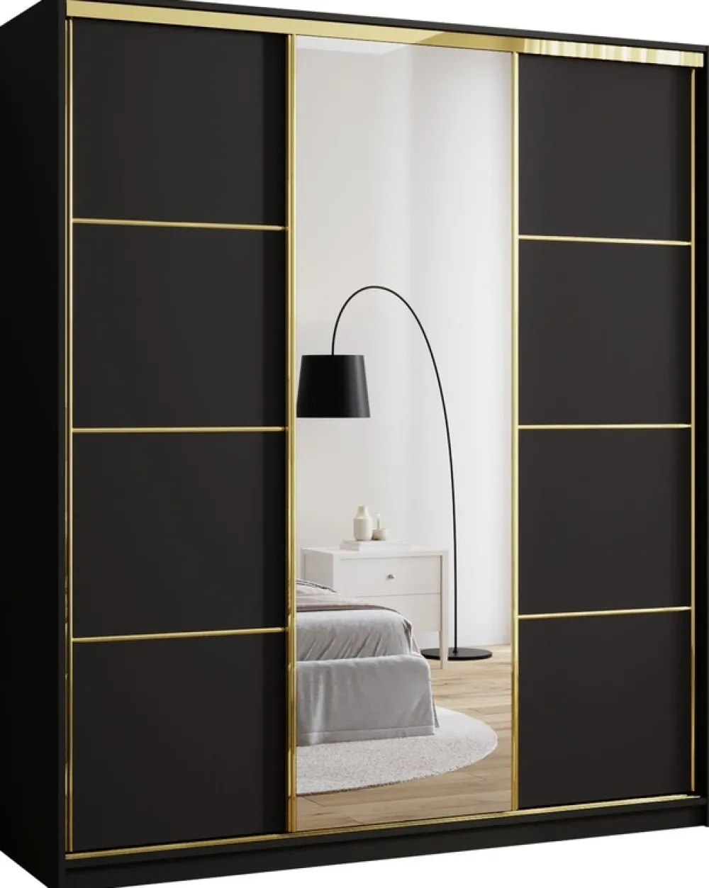 Zestawy Mebli Do Przedpokoju|Szafy Trzydrzwiowe>BROMARKT Czarna szafa z lustrem do przedpokoju 180 cm GOLD NEW czarny