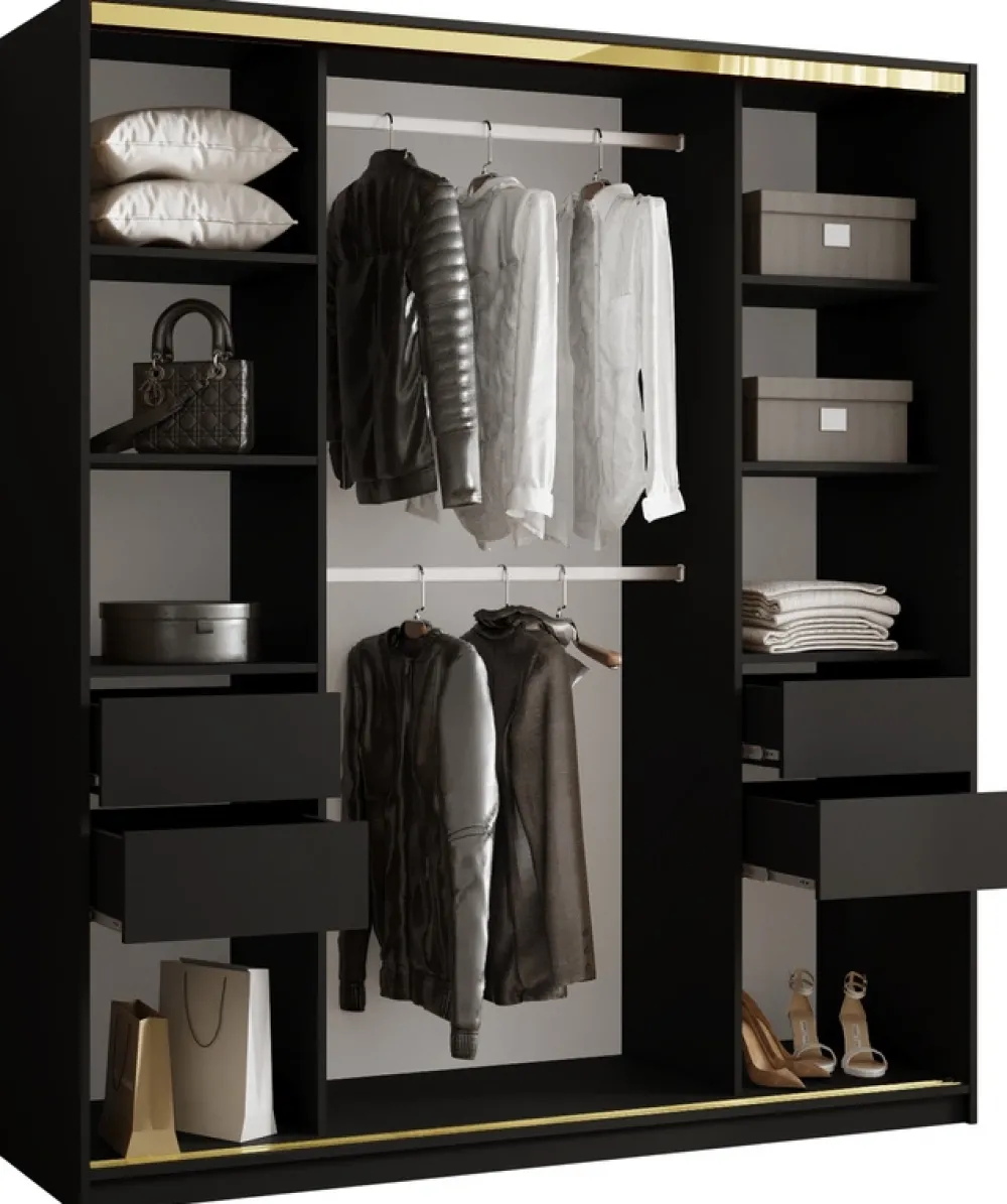 Zestawy Mebli Do Przedpokoju|Szafy Trzydrzwiowe>BROMARKT Czarna szafa z lustrem do przedpokoju 180 cm GOLD NEW czarny