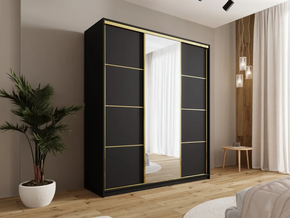 Zestawy Mebli Do Przedpokoju|Szafy Trzydrzwiowe>BROMARKT Czarna szafa z lustrem do przedpokoju 180 cm GOLD NEW czarny