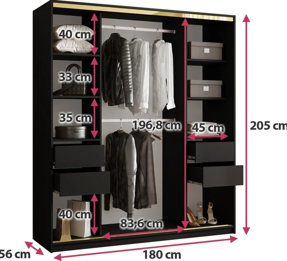 Zestawy Mebli Do Przedpokoju|Szafy Trzydrzwiowe>BROMARKT Czarna szafa z lustrem do przedpokoju 180 cm GOLD NEW czarny