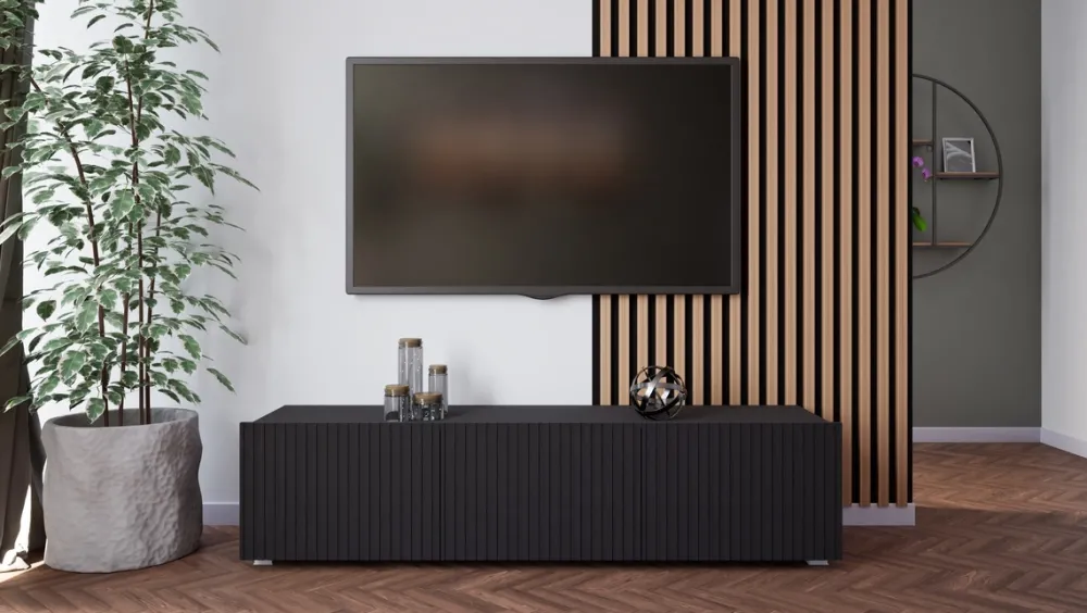 Szafki Rtv>GiB Meble Czarna szafka RTV 150 cm z ryflowanymi frontami KORDIS czarny