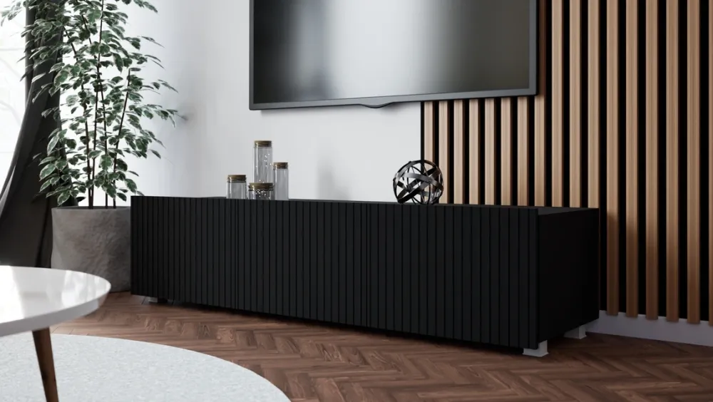 Szafki Rtv>GiB Meble Czarna szafka RTV 150 cm z ryflowanymi frontami KORDIS czarny