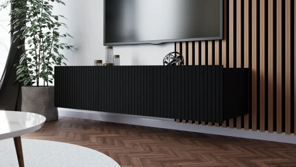 Szafki Rtv>GiB Meble Czarna szafka RTV 150 cm z ryflowanymi frontami KORDIS czarny