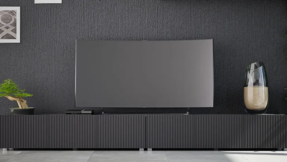 Szafki Rtv>GiB Meble Czarna szafka RTV 150 cm z ryflowanymi frontami KORDIS czarny