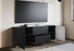 Szafki Rtv>BRATEX Czarna szafka RTV do salonu 180 cm na nóżkach TRESO z szufladami