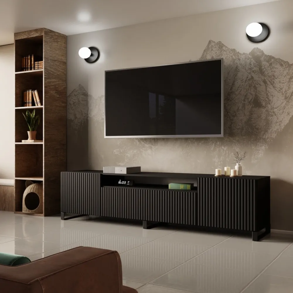 Szafki Rtv>Arton Czarna szafka RTV na nóżkach 200 cm nowoczesna TAVIO do salonu czarny