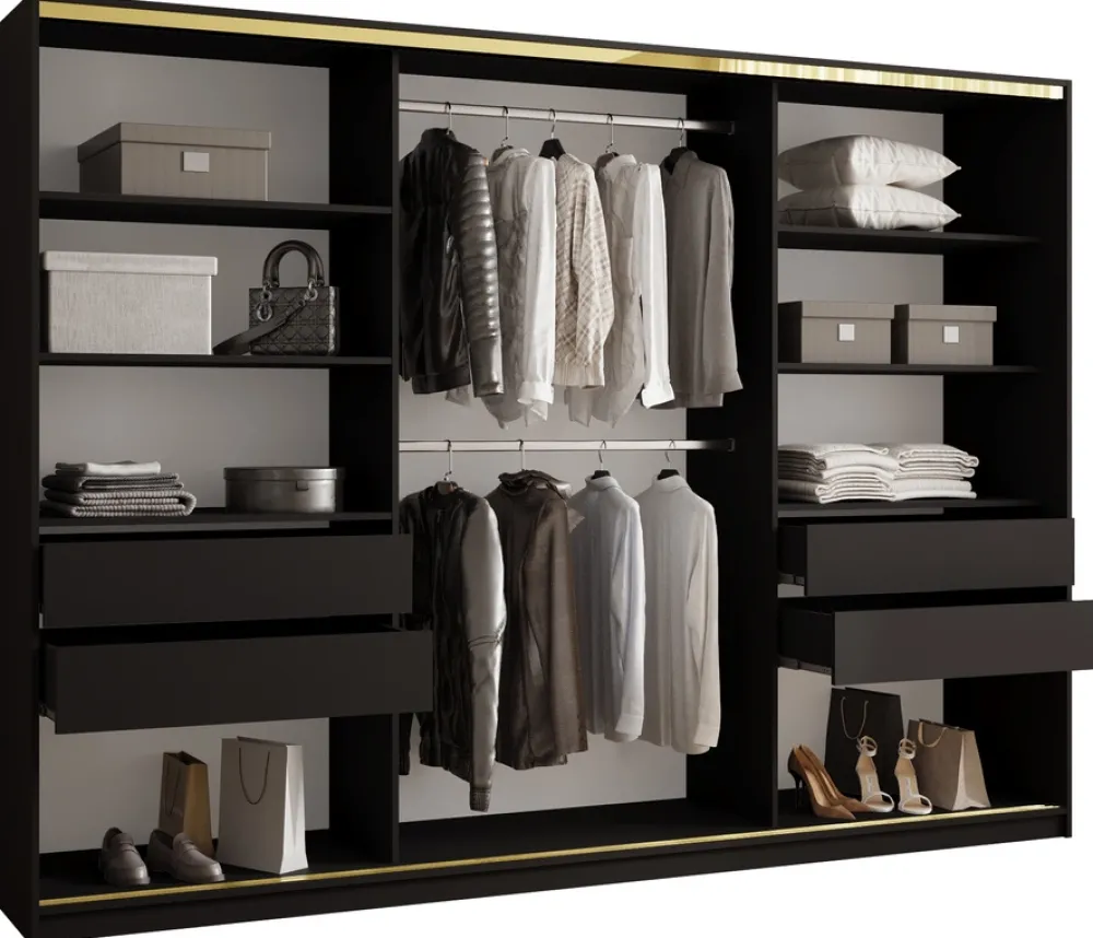 Zestawy Mebli Do Przedpokoju|Szafy Trzydrzwiowe>BROMARKT Czarna trzydrzwiowa szafa przesuwna 280 cm do sypialni GOLD NEW czarny