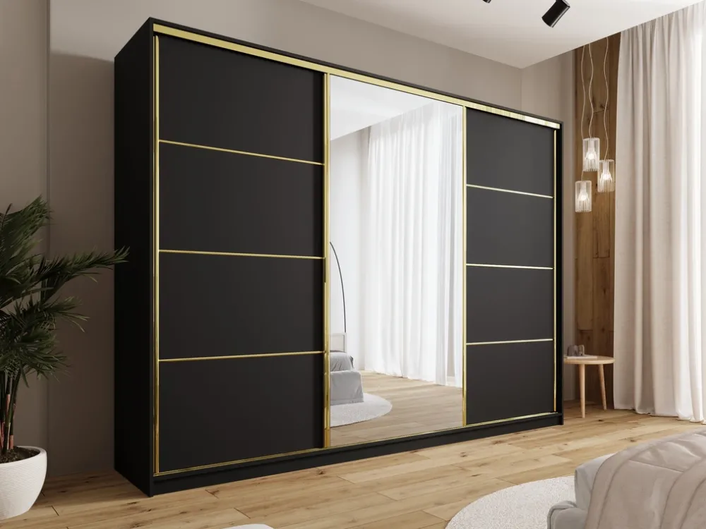 Zestawy Mebli Do Przedpokoju|Szafy Trzydrzwiowe>BROMARKT Czarna trzydrzwiowa szafa przesuwna 280 cm do sypialni GOLD NEW czarny