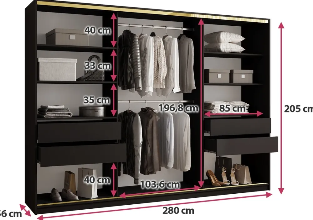 Zestawy Mebli Do Przedpokoju|Szafy Trzydrzwiowe>BROMARKT Czarna trzydrzwiowa szafa przesuwna 280 cm do sypialni GOLD NEW czarny