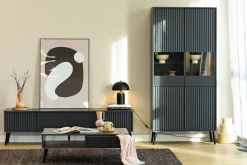 Zestawy Mebli Do Salonu>INTER MEBLE Czarna witryna do salonu 90 cm z ryflowanymi frontami BELLUNO antracyt