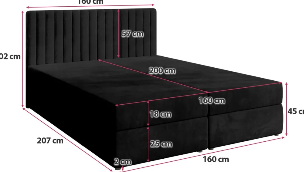 Łóżka Małżeńskie|Łóżka Ze Stelażem>BROMARKT Czarne łóżko kontynentalne 160x200 cm z pojemnikiem na pościel DREAM
