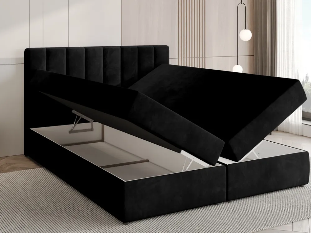 Meble Młodzieżowe|Łóżka Młodzieżowe>BROMARKT Czarne łóżko kontynentalne z pojemnikiem 140x200 cm DENVER welur