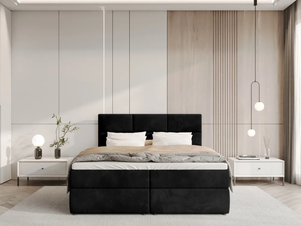 Łóżka Z Zagłówkiem|Łóżka Z Materacem>BROMARKT Czarne welurowe łóżko kontynentalne 160x200 cm z pojemnikiem na pościel BOSTON