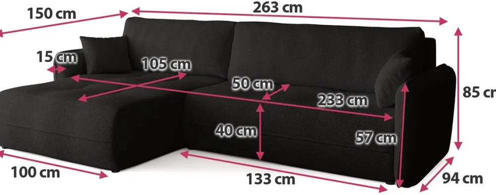 Meble Dla Dzieci|Meble Młodzieżowe>BROMARKT Czarny narożnik z funkcją spania i pojemnikiem CLAUDIO boucle