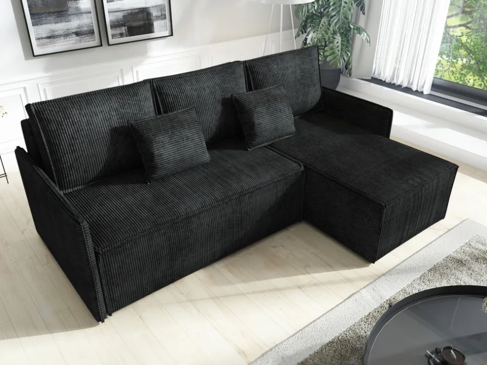 Narożniki>IZABELLA MEBLE Czarny sztruksowy narożnik z funkcją spania do salonu ATLANTIC